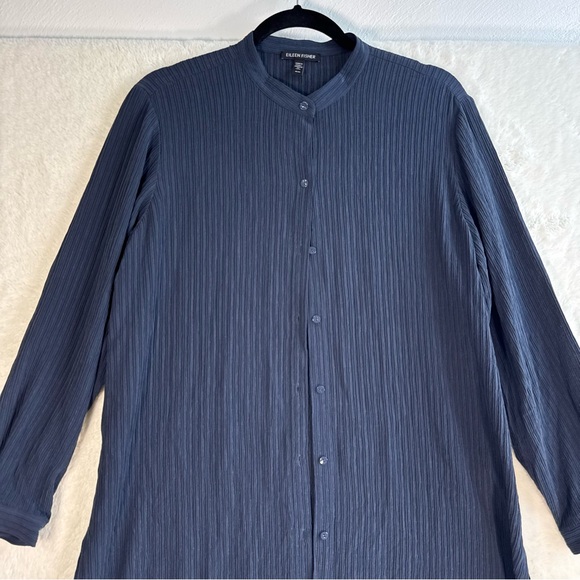 Eileen Fisher Accordion Silk Jacquard Mandarin Collar Long Shirt Medium Blue - Picture 3 of 10